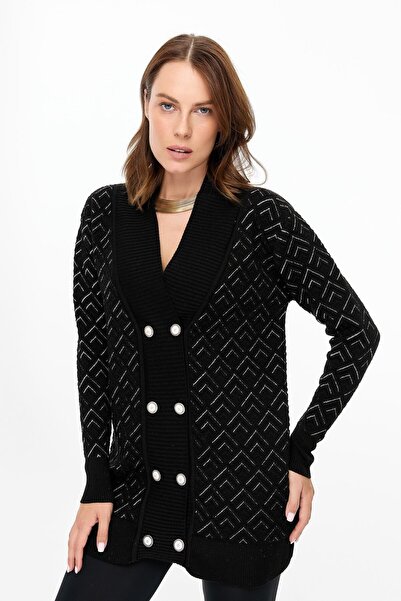 accort Kruvaze Yaka Desenli Triko Hırka-siyah