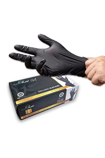 Floraplast 100 قطعة من القفازات السوداء بطول M مع صندوق مرن خالٍ من البودرة