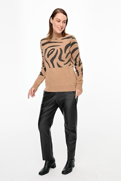 accort Leopar Desenli Triko Kazak-CAMEL