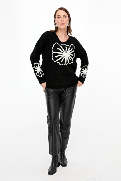 accort Çiçek Nakışlı Triko Kazak-SİYAH