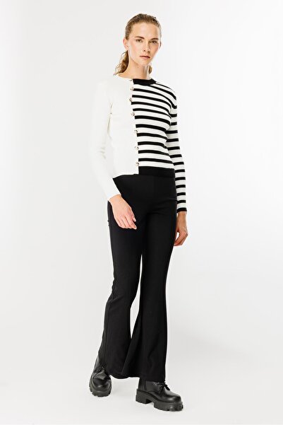 accort Çizgili Düğme Detaylı Triko Kazak-EKRU