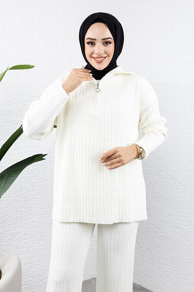 Tesettür Dünyası White Zippered Knitwear Set - Tsd 240950