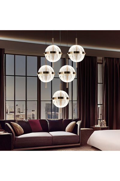 Apliqa Loret 5'li Yuvarlak 60 Watt Gold Krisatlli Modern Salon Oturma Odası Sarkıt Led Avize
