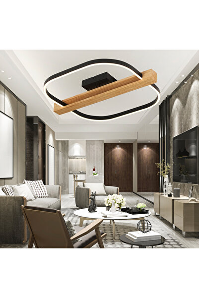Apliqa Asrın Siyah Tekli Kare 58 Watt Plafonyer Ahşap Desenli Modern Salon Led Avize