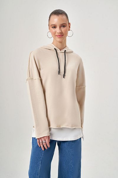 Mizalle Hooded Garnished Beige Sweatshirt