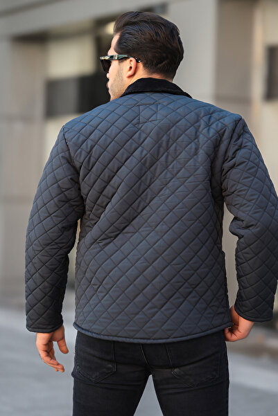 Serseri Men's Anthracite Quilted Sheepskin Snap Closure Velvet Collar Coat