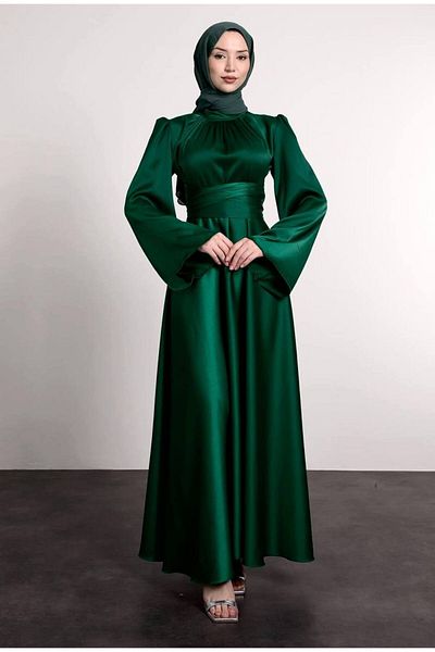 BestShopping Bat Sleeve Satin Evening Dress with Tie Waist