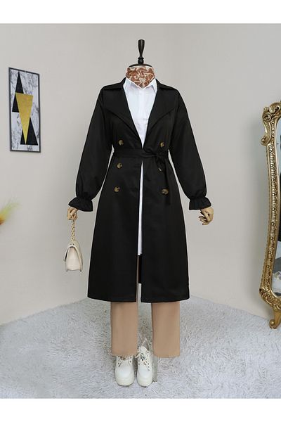 Modamorfo Trenchcoat mit doppelter Knopfmanschette und elastischer Taille – Schwarz