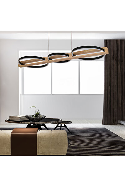 Apliqa Almina 36 Watt Siyah Yuvarlak Sıralı Ahşap Desenli Modern Salon Led Sarkıt Avize