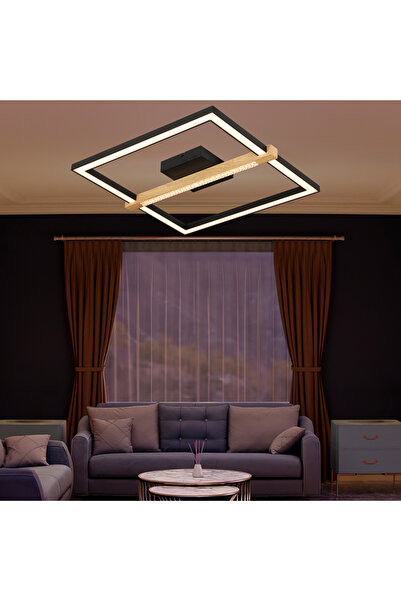 Apliqa April Siyah 58 Watt Plafonyer Kare Ahşap Desenli Modern Salon Led Avize