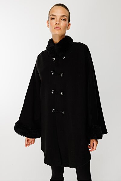 accort Yaka Kürklü Triko Panço-SİYAH