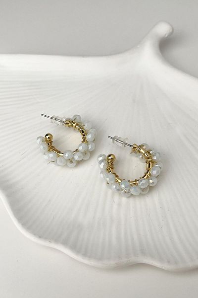 Modex White Bead Spiral Hoop Earrings (2cm)