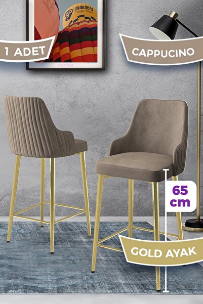 Canisa Tera Serisi 1 Adet Babyface Kumaş 65 cm Gold Kaplama Ayaklı Cappucino Bar Sandalyesi