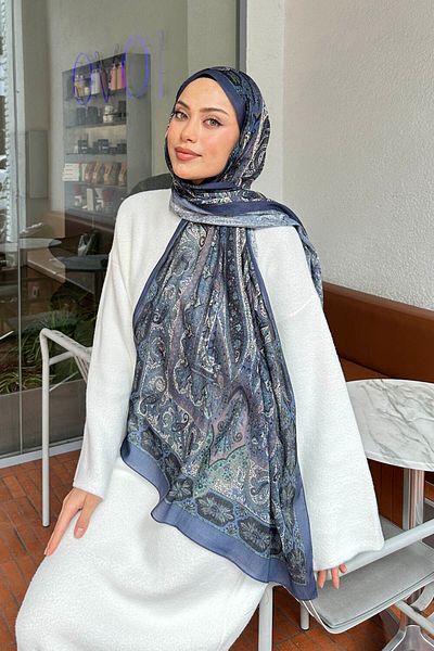 lamelif.com شال قطني منقوش باللون الأزرق البرلماني
