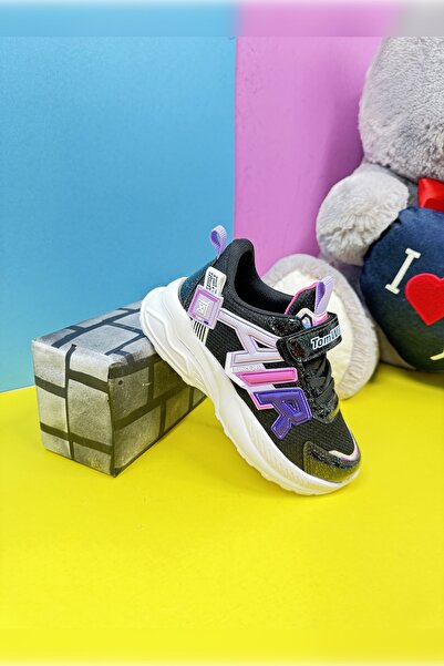 Nstil Günlük Unisex Çocuk Siyah Sneaker Lastik Bağcıklı Cırtlı Nefes Alabilen Spor Ayakkabı 080