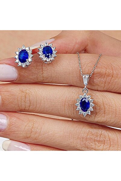 Mia Vento Pırlanta Montür Sentetik Oval Safir Çivili Gümüş İkili Set