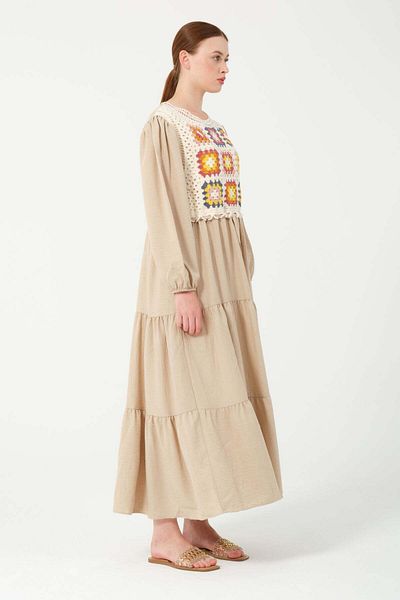 Hatun Atila HatunAtila 7884 Model Beige Μακρύ Φόρεμα - Μπλούζα μπροστά