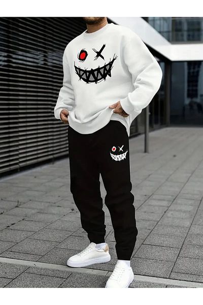 YOHO SPORT Unisex Σετ αθλητικών φόρμες με στάμπα με χαμογελαστό πρόσωπο - Χοντρό βαμβακερό χειμωνιάτικο φούτερ και παντελόνι σετ 2