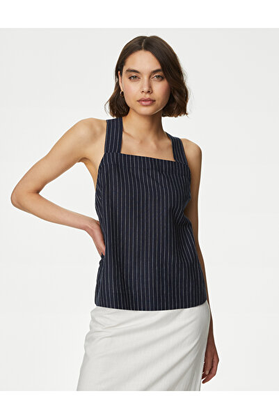 Marks & Spencer Çizgili Askılı Keten Bluz