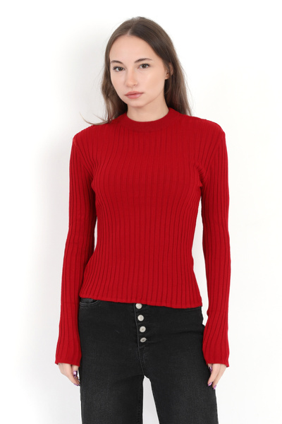 GİYSA Γυναικείο κόκκινο πλεκτό κορμάκι με λαιμόκοψη κοτλέ με λεπτή εφαρμογή 1...