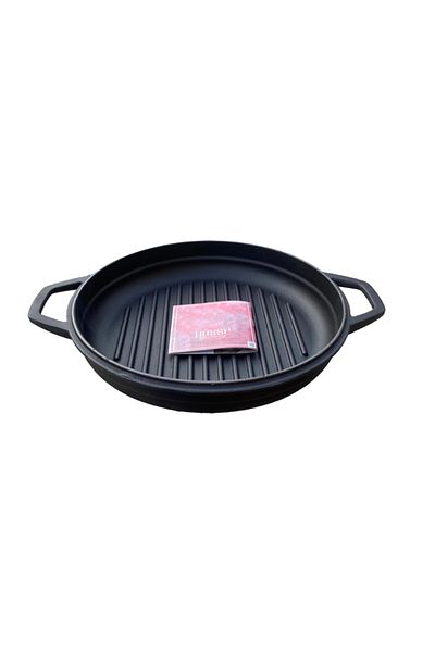HOSSE 28 cm Black Round Grill Pan - Double Handle Iron Casting