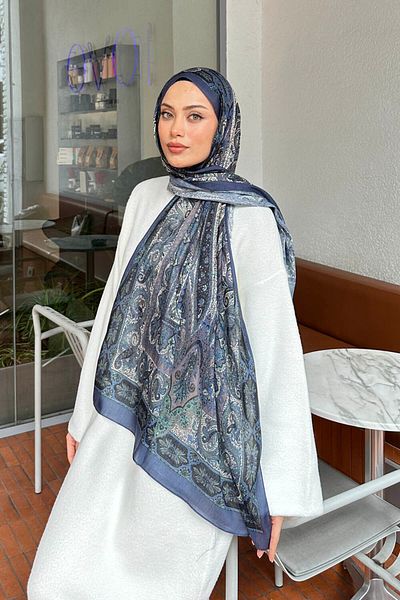 lamelif.com شال قطني منقوش باللون الأزرق البرلماني