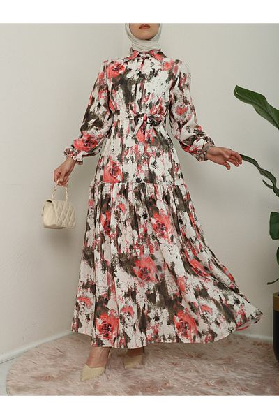 Modamorfo Batik bedrucktes, geteiltes Leinenkleid mit Gürtel - Lachs