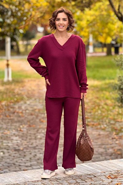 Nevin Kaya Moda Burgundy Color Soft Cotton Pants Blouse Suit