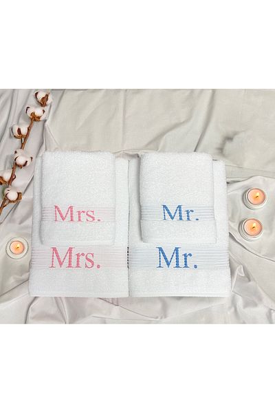 Lucy and Home MRS.&MR 100% Cotton Jacquard Σετ Πετσέτες Ντους 4 τεμαχίων 70x140 / 50x90