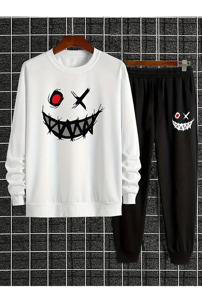 YOHO SPORT Unisex Σετ αθλητικών φόρμες με στάμπα με χαμογελαστό πρόσωπο - Χοντρό βαμβακερό χειμωνιάτικο φούτερ και παντελόνι σετ 2
