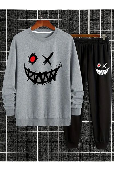 YOHO SPORT Unisex Σετ αθλητικών φόρμες με στάμπα με χαμογελαστό πρόσωπο - Χοντρό βαμβακερό χειμωνιάτικο φούτερ και παντελόνι σετ 2