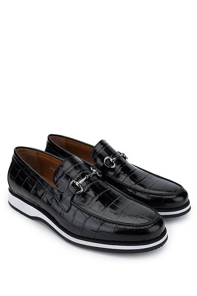 Tamer Tanca Genuine Leather Black Crocodile Men's Loafer Shoes
