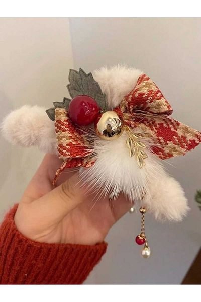 REBORN DESIGN Red Colored Houndstooth Ribbon Detailed Dangle Plush Christmas Peg Buckle