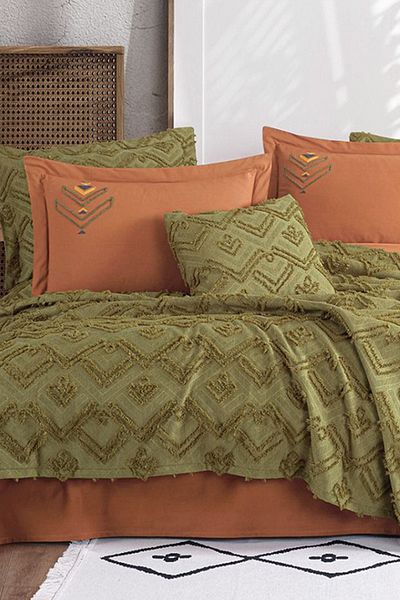 TEKSTİLDENİZİ Good Night Istanbul Aztec Khaki Double 100% Cotton Bedspread Set