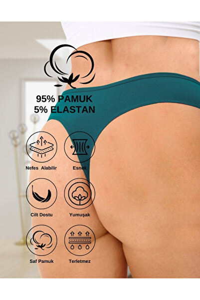 ALYA UNDERWEAR Kadın Büyük Beden Tanga Pamuklu, Battal String, 5' Li Paket Siyah, Bordo, Koyu Yeşil, Indigo, Laci.