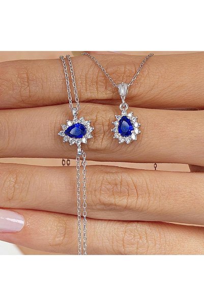 Mia Vento Pırlanta Montür Sentetik Damla Safir Gümüş İkili Set