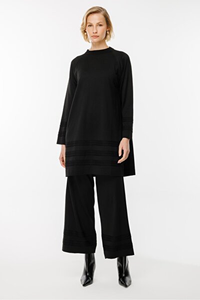 accort Şerit Desenli Triko Tunik Pantolon Takım-SİYAH