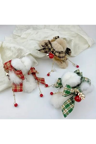REBORN DESIGN Red Colored Houndstooth Ribbon Detailed Dangle Plush Christmas Peg Buckle
