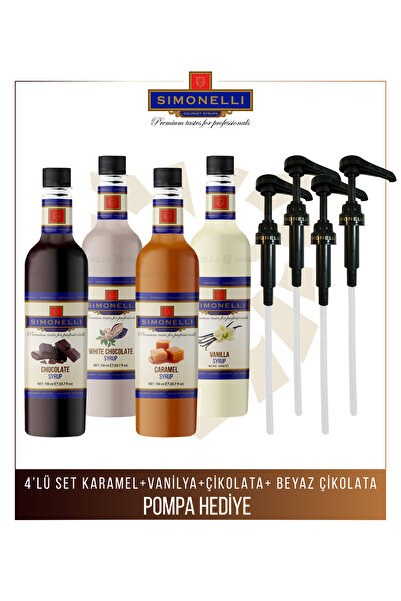 Simonelli Kahve ve Kokteyl Şurubu 700 ml 4'lü Set Karamel+Vanilya+Çikolata+Beyaz Çikolata + 4 Adet Pompa