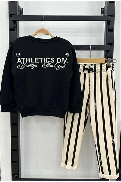 Lolliboomkids Set de hanorac cu dungi alb-negru cu 3 fire și pantaloni de trening ajustați în talie pentru băiat - 2 piese