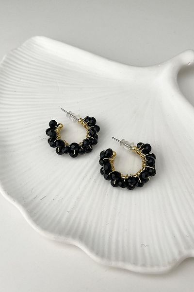 Modex Black Bead Coiled Hoop Earrings (2cm)