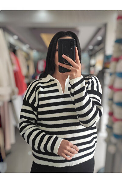 Sublime Butik Kadın Oversize Çizgili Yakalı Triko Kalın Kazak