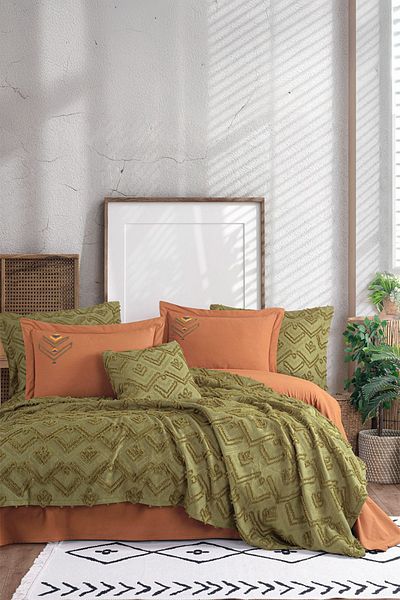 TEKSTİLDENİZİ Good Night Istanbul Aztec Khaki Double 100% Cotton Bedspread Set