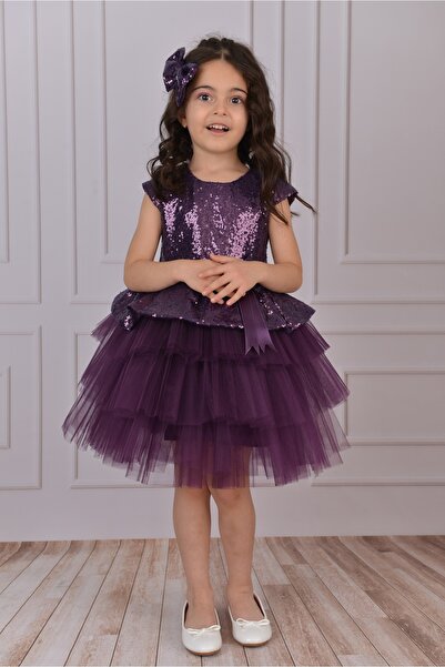 Genel Markalar Kız Çocuk Pullu Tüllü Abiye Elbise Mor