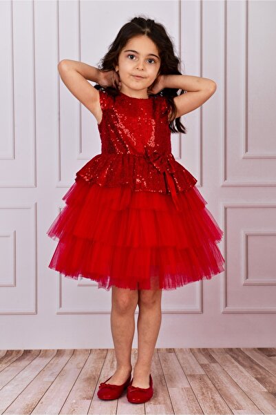 DAFİTO KİDS Червена вечерна рокля от тюл с пайети за момиче