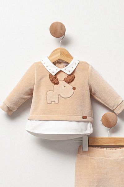 Cassiope Little Dog 2-Piece Baby Boy Set with Shirt Collar Velvet Textured Booties Bottom-Top