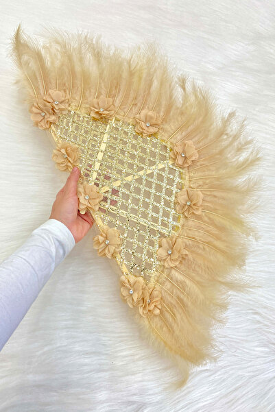 ZEYMERADE Gold Gelin Yelpazesi, Ahşap Tüylü Dantel Ve 3D Çiçek Süslemeli Kına Yelpazesi, Büyük Boy Yelpaze