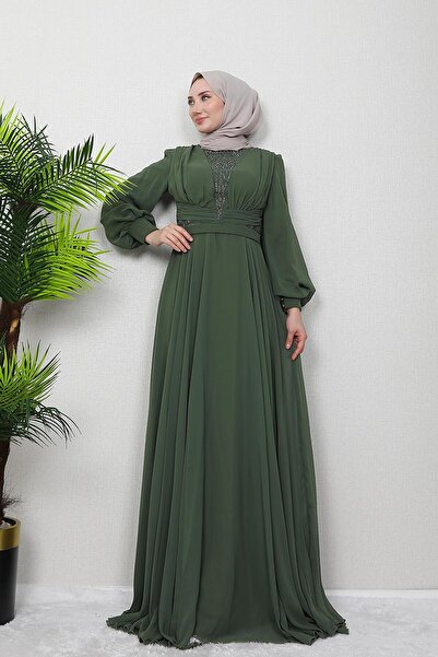 GİZ AGİYİM Light Khaki Wormwood Chiffon Stone Evening Dress