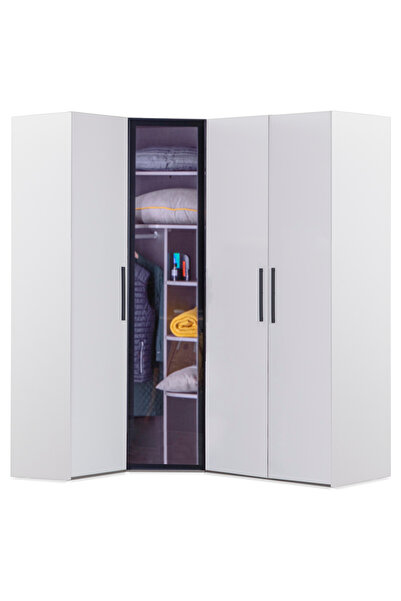 benim odam Atlas White 4 Kapılı Cam Kapaklı Köşe Dolap Genç / Çocuk Odası 832