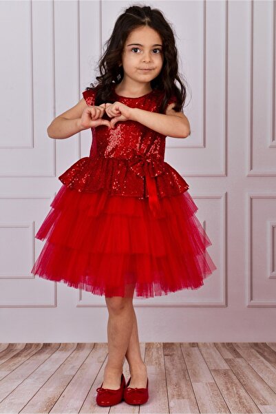 DAFİTO KİDS Червена вечерна рокля от тюл с пайети за момиче